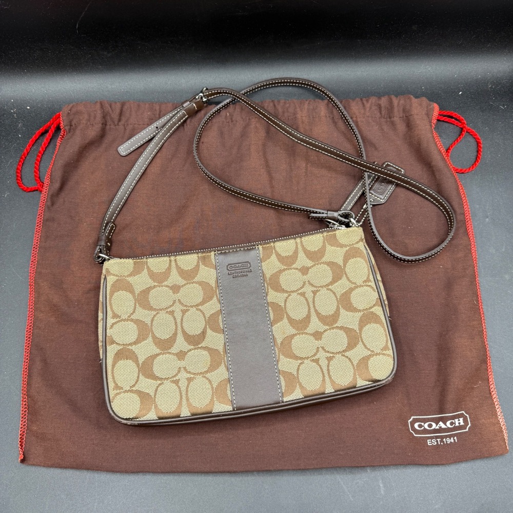 Vtg Coach Signature Slim Demi Zip 6338 Shoulder‎ Bag Pochette Brown Y2K Jacquard